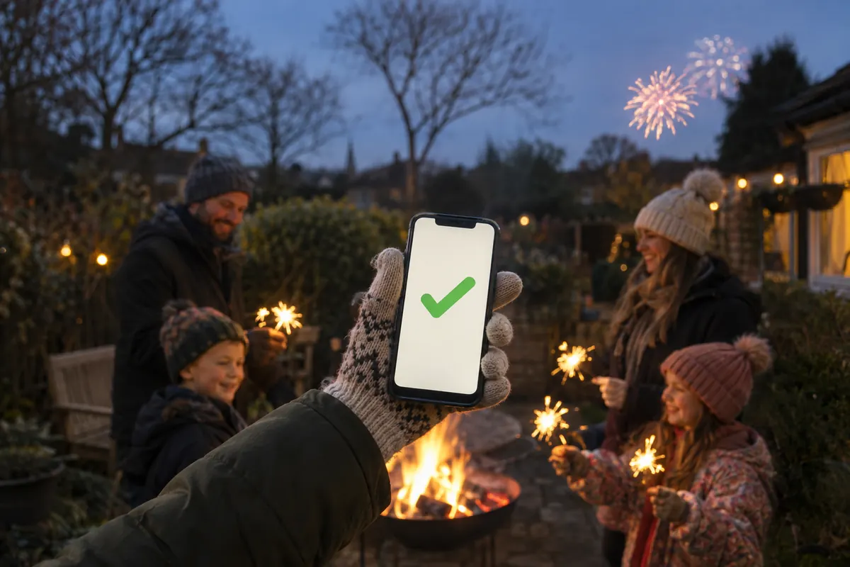Family with sparklers round a garden fire pit on Bonfire Night, a phone showing a green tick in the foreground