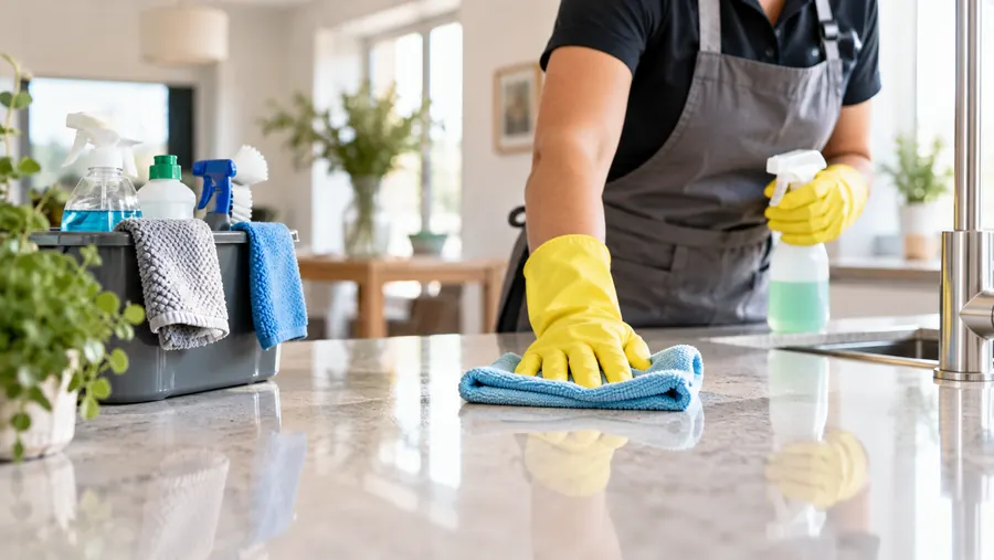 Cleaner in yellow gloves wiping a kitchen worktop