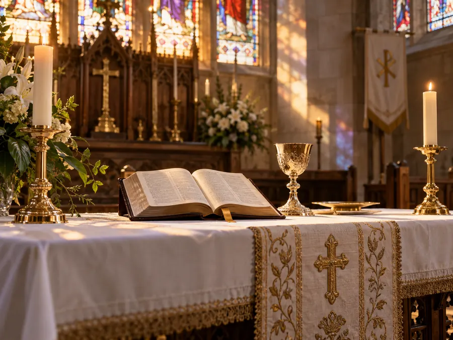 Church altar with an open Bible and candles