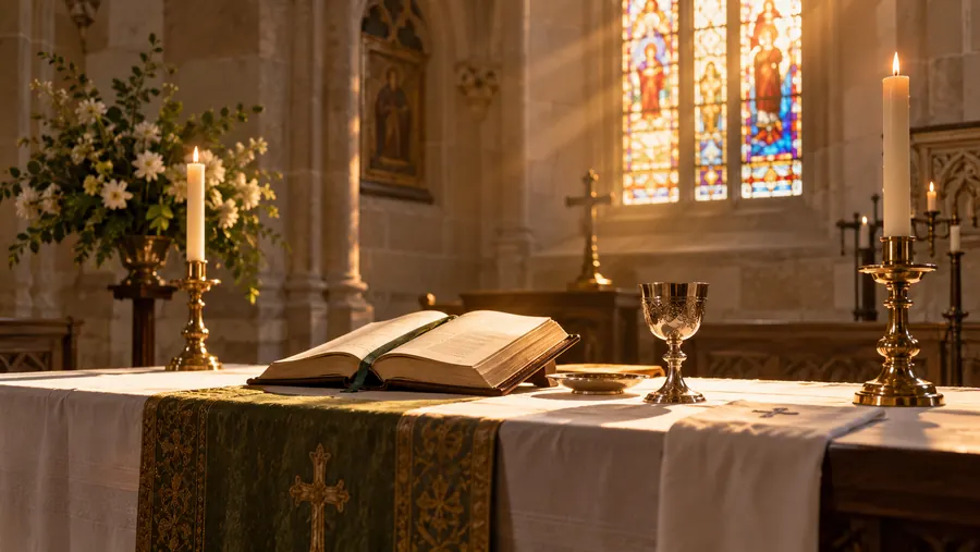 Church altar with an open Bible and candles