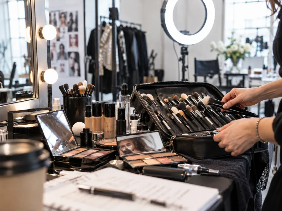 Ring light, camera and makeup kit at a creator's desk