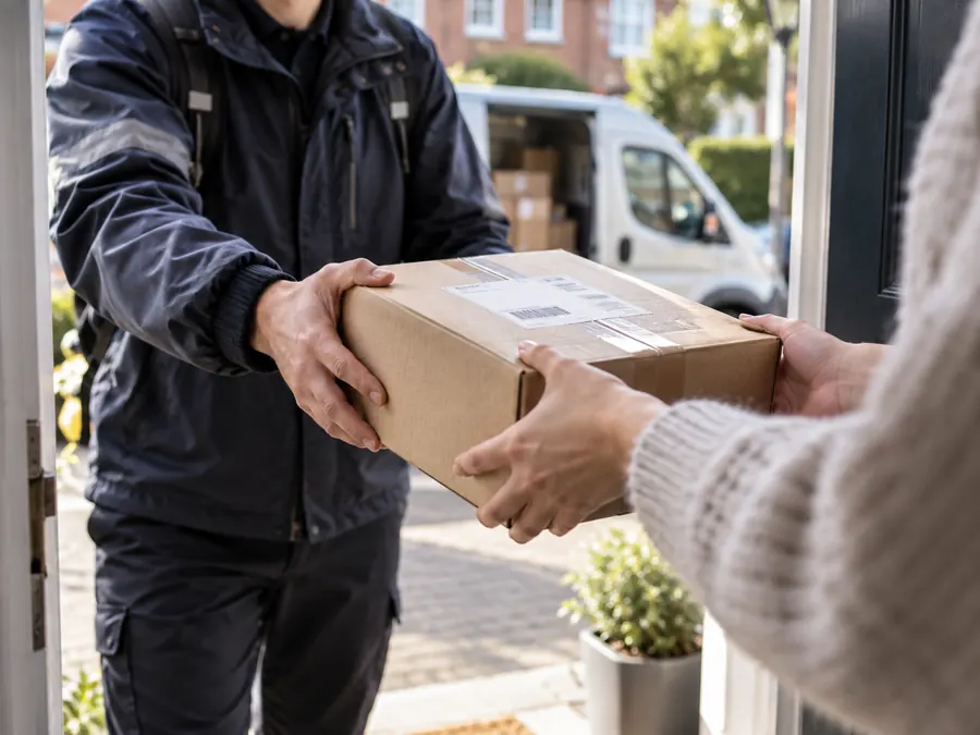 Courier handing over a parcel at a front door