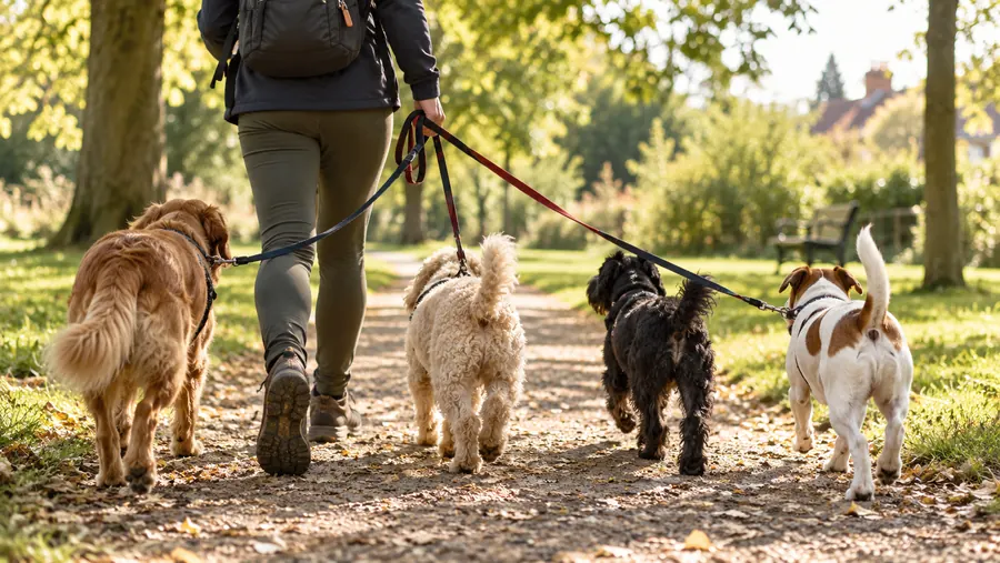 Dog walker with four dogs on leads in a park