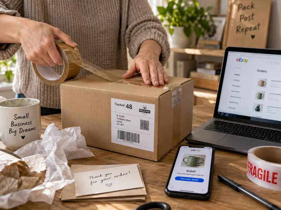 Taping up a parcel beside a laptop showing an eBay listing