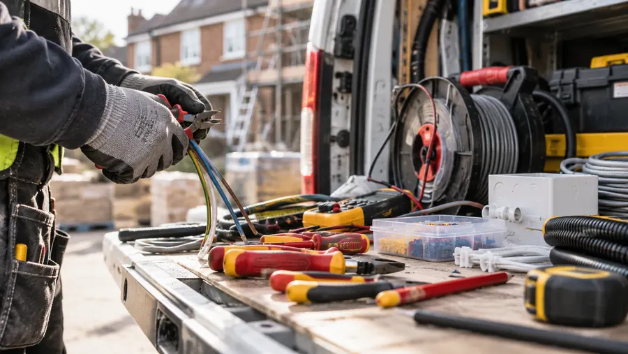 Electrician's tools laid out at the back of a van