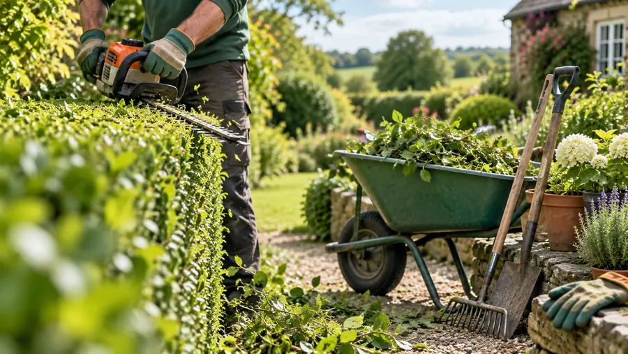 Gardener trimming a hedge beside a wheelbarrow