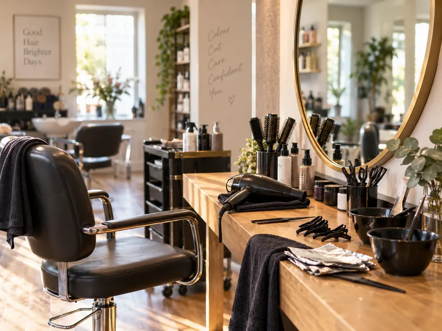 Salon chair, mirror and hairdressing tools