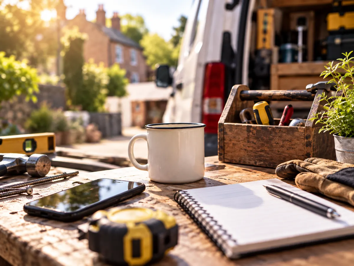 Tools, a notebook and a mug on a workbench beside a van