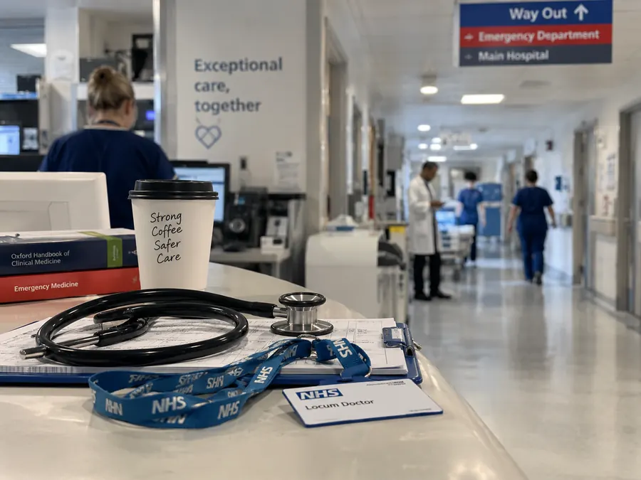 Stethoscope and NHS lanyard on a desk in a hospital corridor