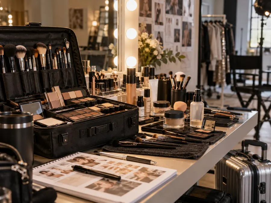 Makeup artist's kit with brushes and palettes