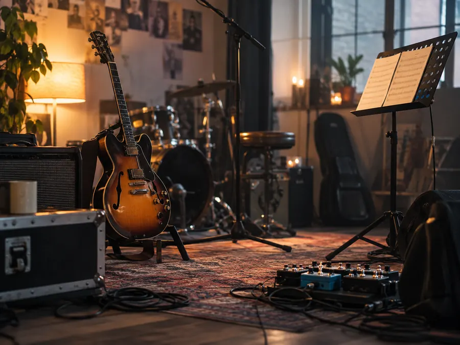 Guitar, drum kit and music stand in a rehearsal room