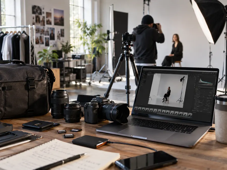 Camera, laptop and lighting in a photography studio