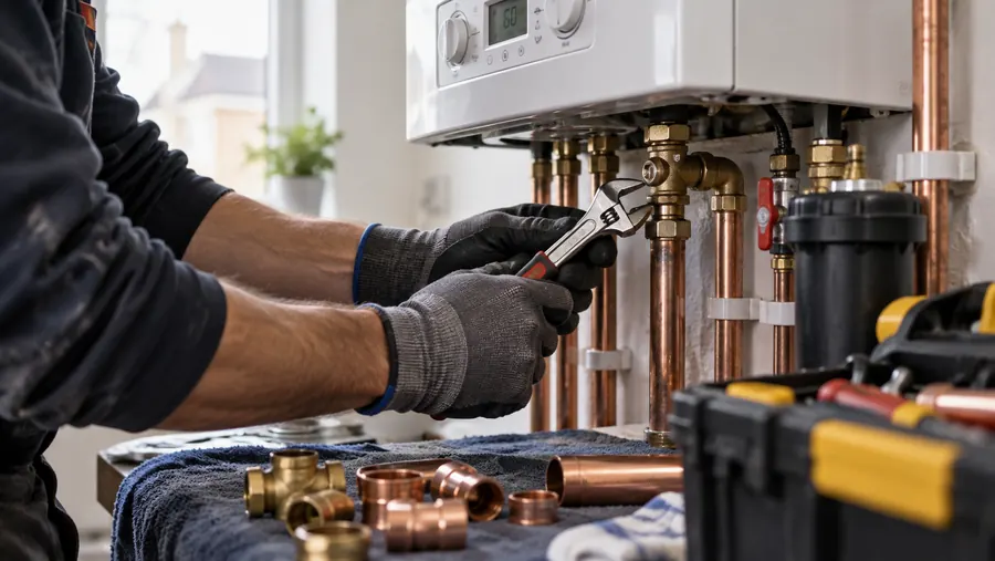 Plumber working on copper pipework under a boiler