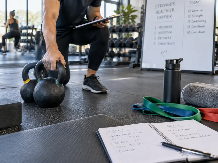 Kettlebells and a training plan on a gym floor