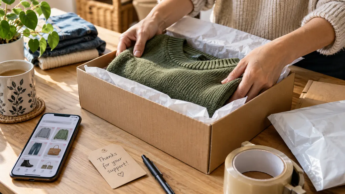 Folding a jumper into a parcel box at a kitchen table