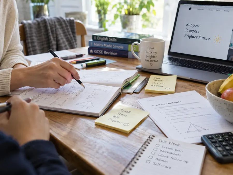 Tutor marking notes beside a laptop and revision books