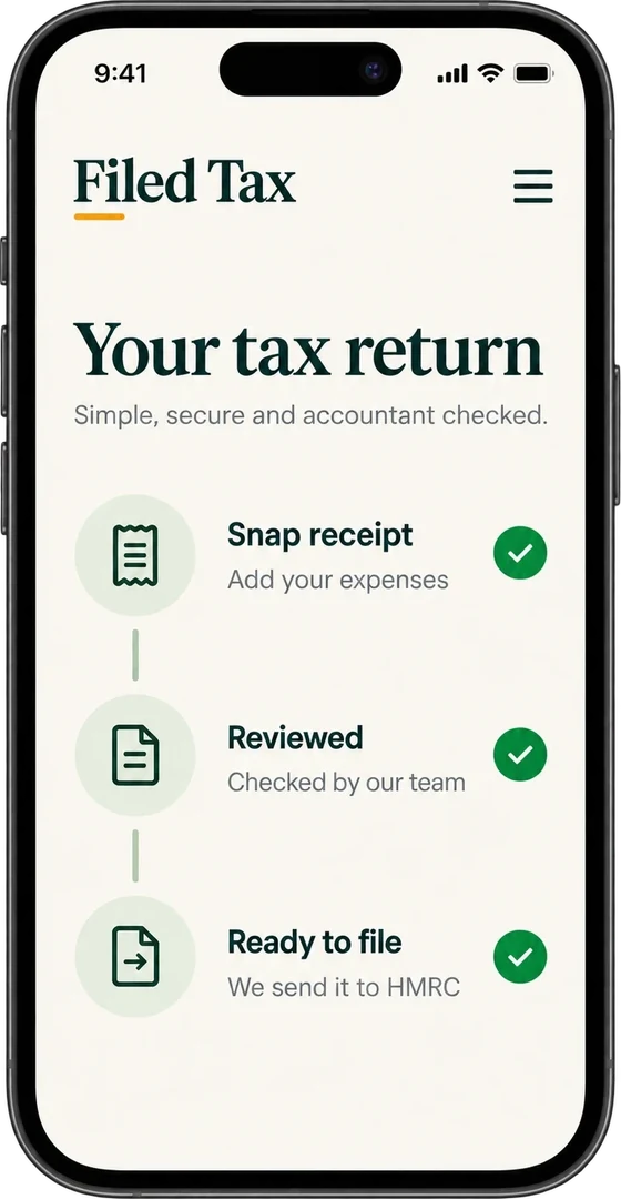 The Filed Tax app on a phone: Snap receipt, Reviewed, Ready to file, each ticked