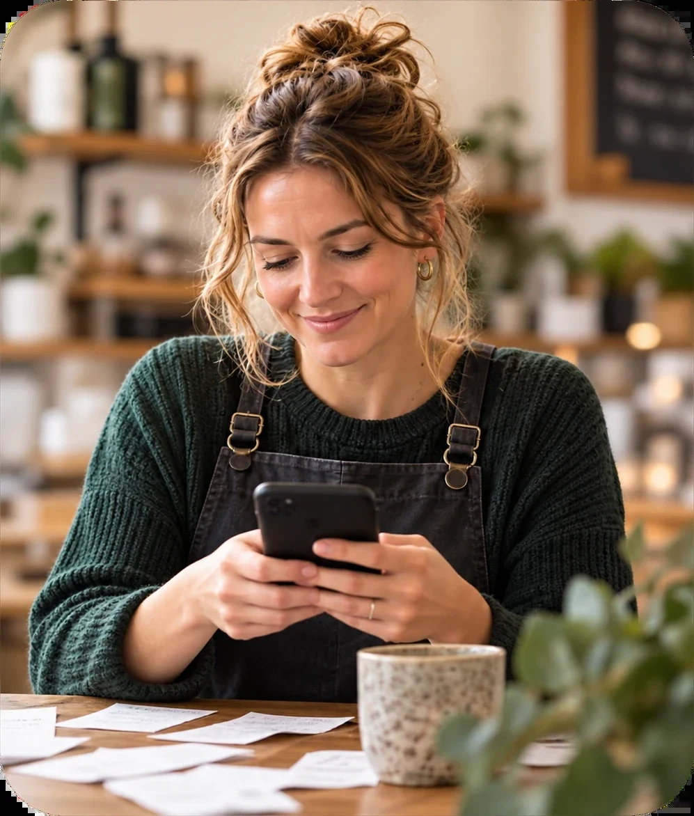 A woman at a café table, smiling at her phone, receipts spread in front of her