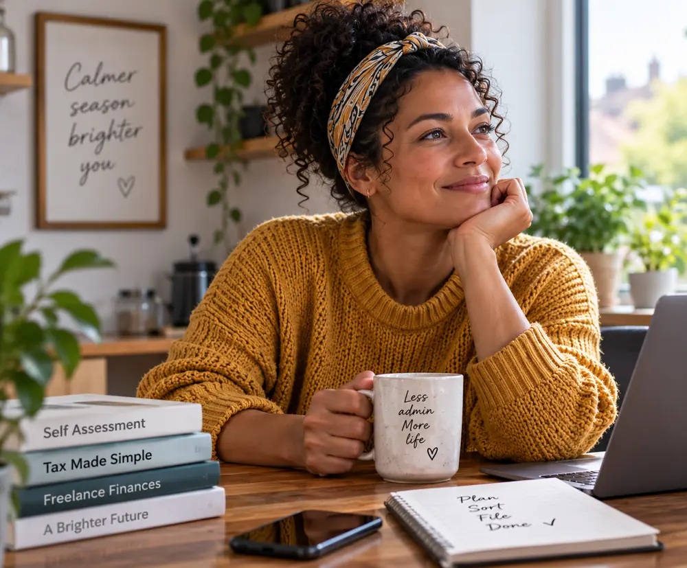 Woman smiling at her kitchen table with a mug of coffee