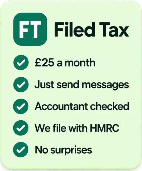 A green Filed Tax card: £25 a month, just send messages, accountant checked, we file with HMRC, no surprises