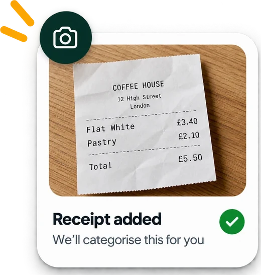 A photographed café receipt: Receipt added, we’ll categorise this for you