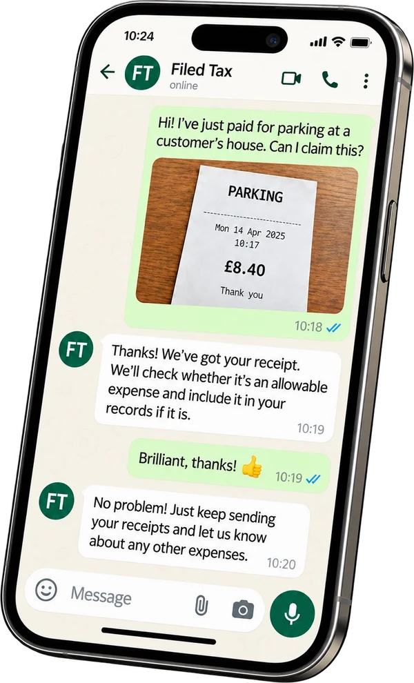 A WhatsApp chat with Filed Tax: a parking receipt is sent, Filed Tax confirms it will check whether it’s an allowable expense, and says just keep sending your receipts
