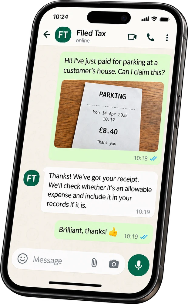 A WhatsApp chat with Filed Tax: a photo of an £8.40 parking receipt with the question Can I claim this?, answered with Thanks, we’ve got your receipt. We’ll check whether it’s an allowable expense.