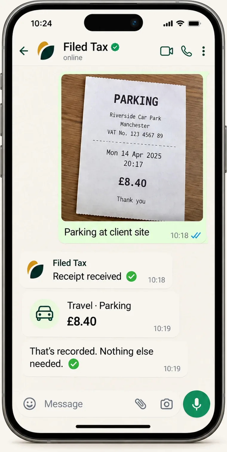 A parking receipt sent to Filed Tax on WhatsApp, recorded as Travel · Parking £8.40 with “Nothing else needed”