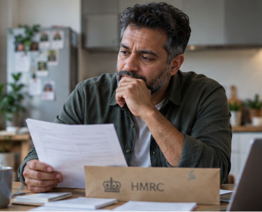 Person at a table reading a letter