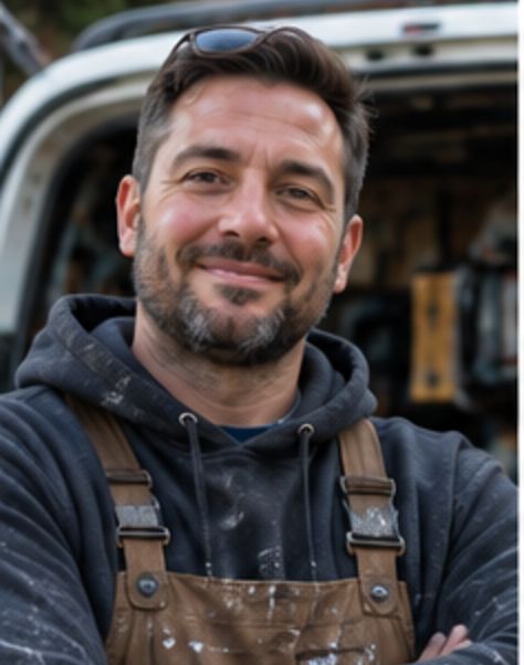 Tradesman in work overalls beside his van