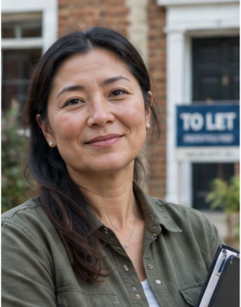 Woman outside a terraced house with a To Let board