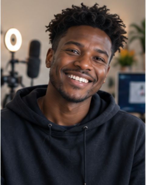 Creator at his desk with a podcast microphone