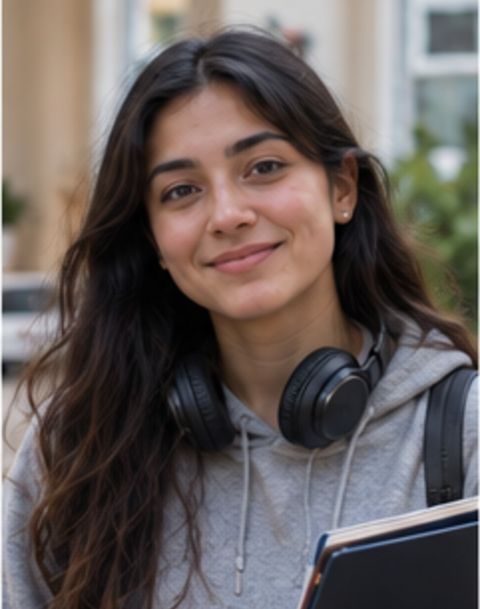 Young woman with headphones and a notebook