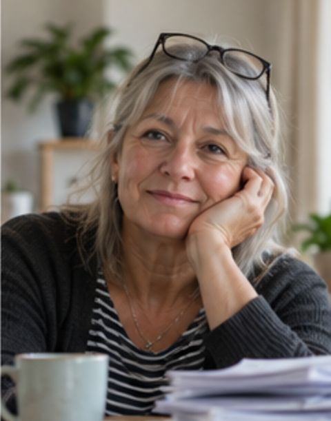 Woman at a desk beside a pile of paperwork